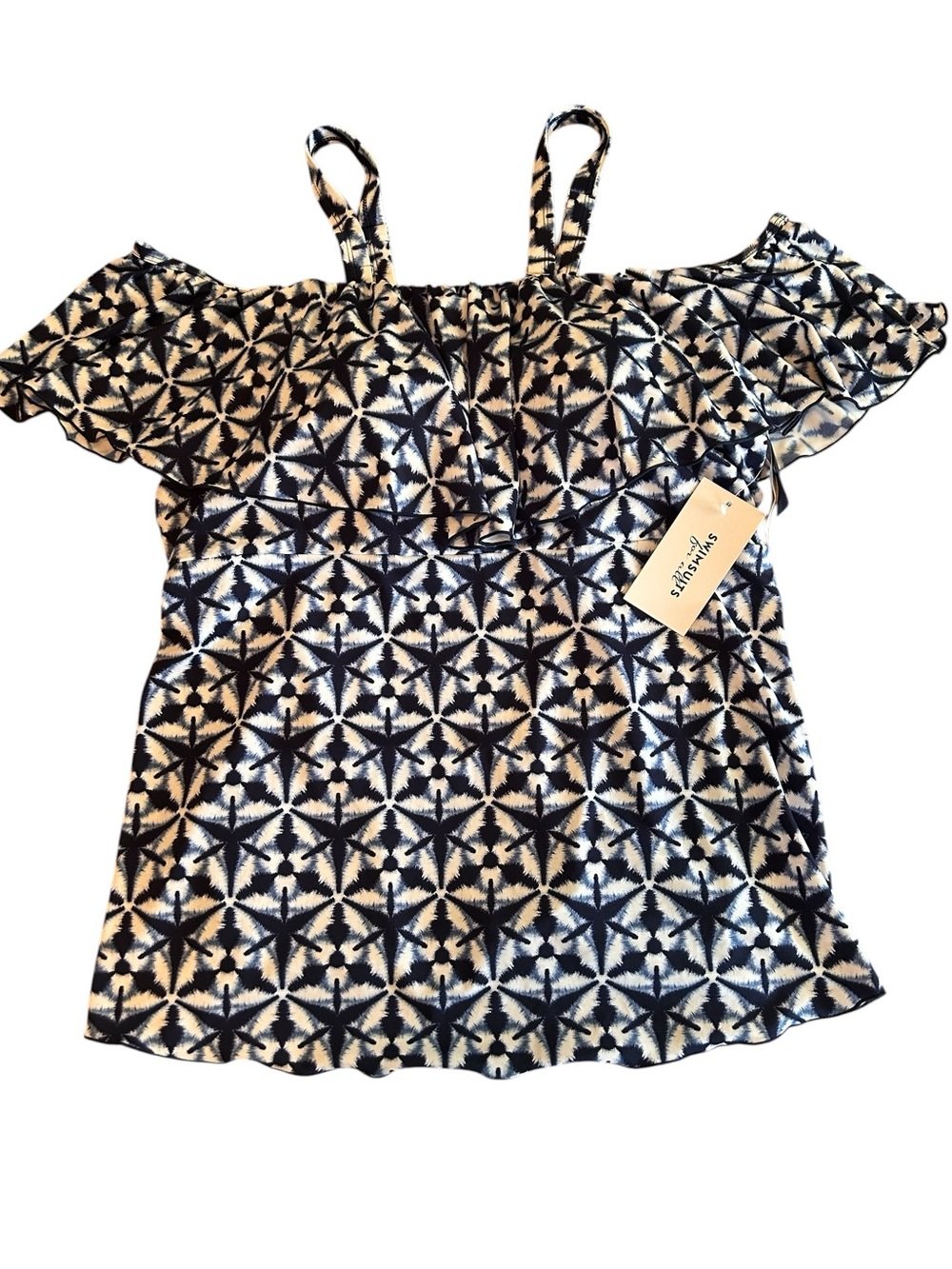 Off-Shoulder Geometric Tie Dye Print Tankini Top - Navy & White - NWT - Size 22